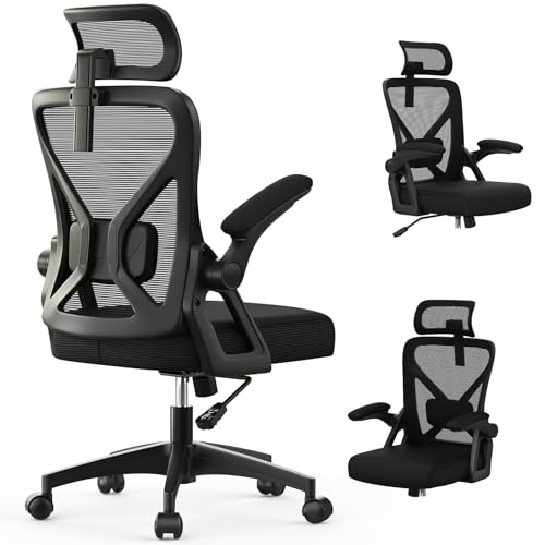 YONISEE Sedia da Ufficio, Sedia Ergonomica da Scrivania con Supporto Lombare Imbottito e Braccioli Ribaltabili - Sedia da Computer con Schienale alto e Poggiatesta Regolabile per Lavoro/Studio (Nero)