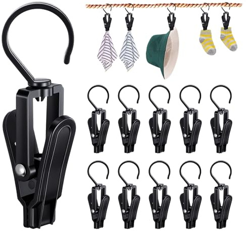 DOPENSPI 10 Stück Wäsche Haken Satz,große Handtuchklammern 360° Drehbarer Haken PP Kleiderklammern Geschirrtücher Handtuchclips Schwarz Antirutsch Wäscheklammern für Towel Hut Kleider Badetuch