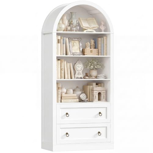 FirFurd 177 cm Libreria Verticale, Libreria ad Arco a 2 Cassetti, Vetrina Espositiva con 4 Scomparti Aperti, Scaffale ad Arco, per Soggiorno, Studio, Ufficio, Cucina, 79,5x36x177 cm (Bianco)