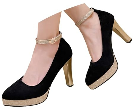 Escarpins à Plateforme à Talon épais avec Bride Cheville Scintillante et Bout fermé, Chaussures de soirée élégantes pour Robe de cérémonie, Confortables pour Danser Toute la Nuit (Black, 38)