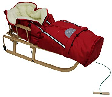 Holzschlitten für Kinder mit Rückenlehne Rodelschlitten Davoser Schlitten aus Holz mit einem Sicherheitsgurt, Rückenlehne, Winterfußsack für Kinder (Rot)