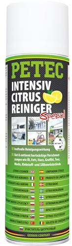 PETEC Intensiv Citrus Reiniger Klebereste Entferner Baumharzentferner Auto Allzweckreiniger Spray 500 ml. Universal Putzmittel Silikon entfernen Teerentferner Harzlöser Ölentferner Remover 72950
