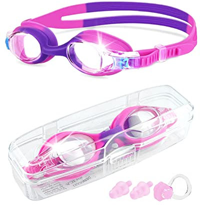 Victoper Kids Swimming Goggles 6-14 years, Waterproof HD Anti Fog No Leaking Wide Vision Soft Silicone Quick Adjust Split Yoke Comt Strap, Girls Pink Purple, One Size