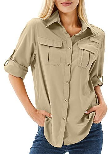yeyity Hemd Damen UPF 50+ UV Schutz Langarmshirt Damen Outdoor Schnelltrocknend Sommer Shirts Safari Kleidung Wanderhemd Casual Button Down Tops(5071,Khaki,XS)
