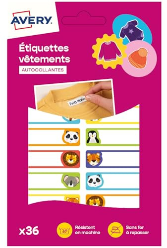 Avery Étiquettes Autocollantes à motif animaux Inscriptibles 36 Pièces - autocollant Personnalisable avec un marqueur permanant - Durable Lavable jusqu'à 40C et sèche-linge - 1,3 x 4,5 cm