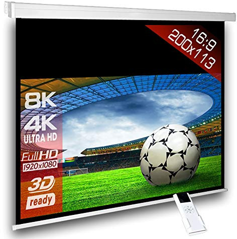 ScreenLux Écran de Projection motorisé 200 x 159 (194 x 109) cm 16:9 - Longueur du boîtier 230 cm -/ avec télécommande/HDTV / 3D / 4K / Écran de Projection pour Home cinéma & présentations