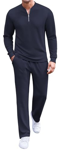 COOFANDY Men's Tracksuit 2 Piece Set Quarter Zip Polo Sweatsuit Athletic Long Sleeve Casual Sports Outfits Running Blue