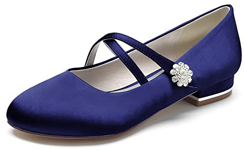HFWXYSA Womens Rhinestones Bridal Shoes Round Toe Ballet Flats Satin Strap Wedding Bridesmaid Pumps Shoes,Navy,7 UK