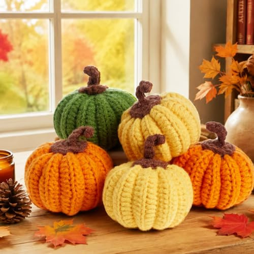 Sahoottie 5 Pcs Knitted Pumpkins Decorations Autumn Decorations | Yellow Orange Green Pumpkins Decor Autumn Decorations Mini Pumpkins for Halloween Fall Home Harvest Thanksgiving Decoration