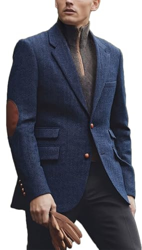 RAJEGAR Herren Tweed Jacke Sport Blazer Fischgrätenmuster gekerbtes Revers Wollmischung Vintage British Norfolk Jacke Patch am Ellenbogen, navy, 3XL