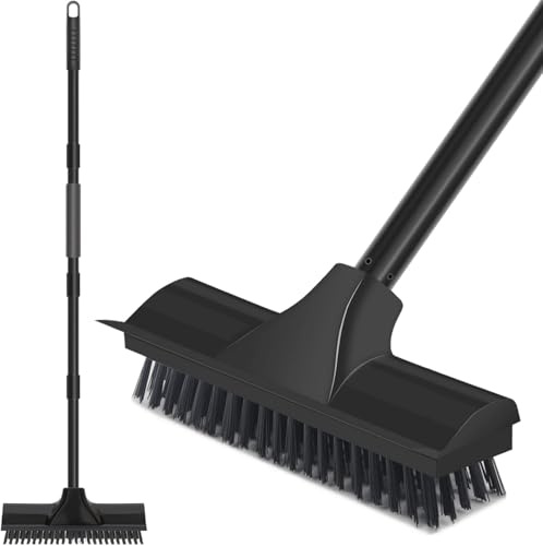 BONAVCY Floor Scrubbing Brush with Squeegee, Long Handle Stiff Bristle Deck Cleaning Brush for Bathroom Deck Tile Patio Floor, Black