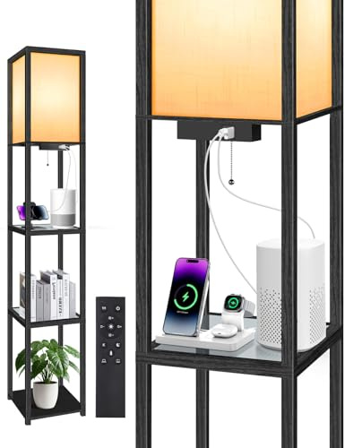 OUTON Lampada da Terra con Ripiani in Vetro, Telecomando, Dimmerabile & 4 Temperature di Colore, Porte USB & Type-C, Lampada da Terra LED Moderna in Legno per Soggiorno, Camera, Ufficio (Nero Opaco)
