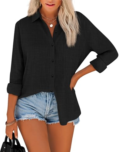 NONSAR Chemisier Femme Manches Longues Chemise col en V Élégante Casual Boutonnées Chemisier Uni Blouses Tops