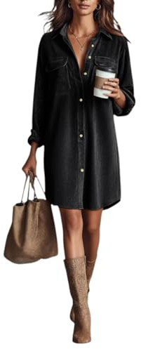 Minetom Robe Chemise en Velours Côtelé Femme Automne Hiver Décontractée Manches Longues Robes avec Boutons Poches A Noir M