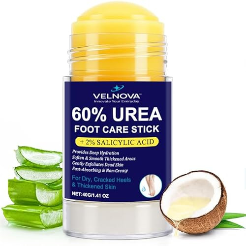 VELNOVA 60% Urea Foot Care Stick with 2% Salicylic Acid – Maximum Strength Callus Remover & Foot Cream for Dry Cracked Heels – Exfoliating Moisturizer, Non-Greasy – 1.41 oz