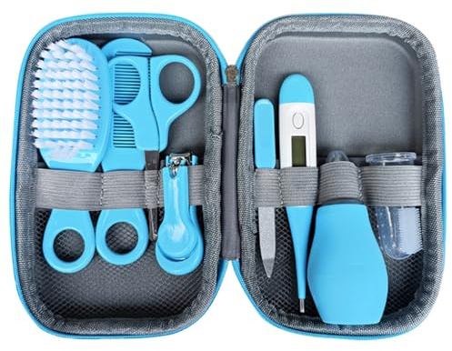 Kit de toilettage pour bébé, 8 pièces, ensemble de thermomètre pour cheveux, soins des ongles en toute sécurité, essentiels pour nouveau-né avec étui, bleu
