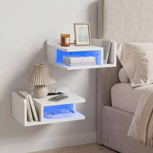 Afuly White Floating Bedside Table Set of 2 with Charging Station&LED Light | Wood Wall Mounted Nightstand with Open Shelf, Space-Saving, Small Bedroom, FSC Certified, 25kg capacity, Adjustable Colours