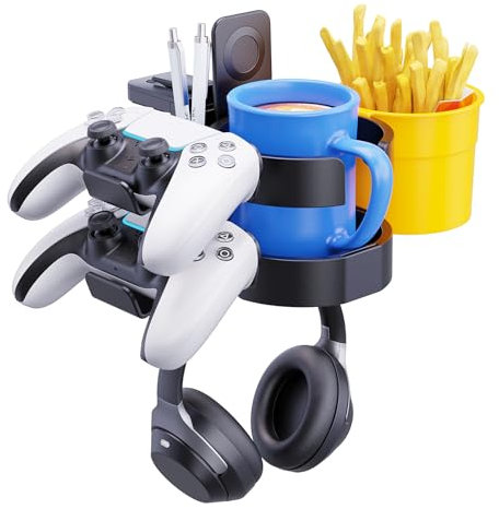 7-in-1 Desk Cup Holder-EURPMASK Upgraded Desk Organizer| Rotatable Headphone Holder Under Desk| Detachable Desk Storage for Controllers, Cup, Phone, Pen, Remote| Clamp on Gaming Desk Accessory|Black