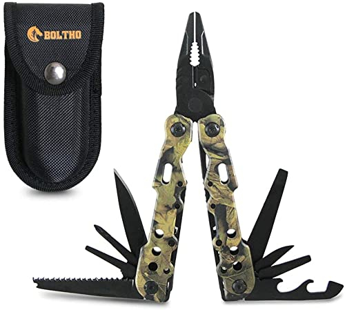Ideal Camping Gadgets, BOLTHO 13 in 1 Faltbar Multitool Werkzeug, Tragbare Multifunktionale Zange mit abschließbaren Klingen, Flaschenöffner, Säge, Schraubendreher ideal für Outdoor, Reparieren