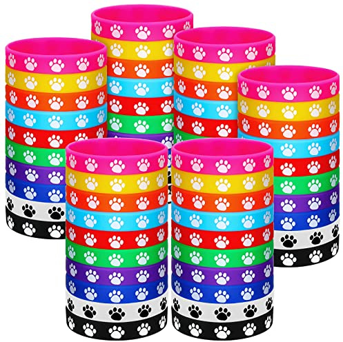 Funtery 100 Pcs Paw Print Rubber Bracelet Silicone Stretch Wristbands Dog Paw Silicone Bracelet Rubber Wristbands Dog Party Favors Birthday Party Supplies Decorations(Multicolor)