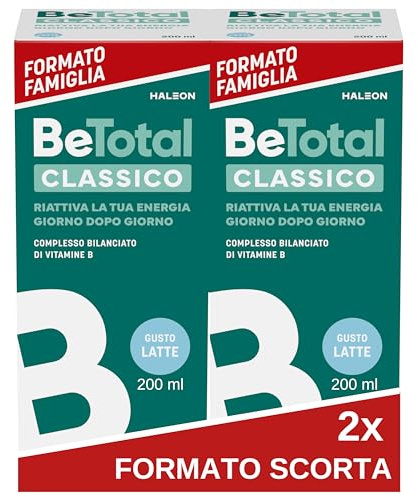 Be-Total Classico Integratore Alimentare di Vitamina B per Ridurre la Stanchezza e Riattivare l’Energia, a Supporto del Sistema Immunitario, Bambini 3+ e Adulti, Gusto Latte, 2x200ml
