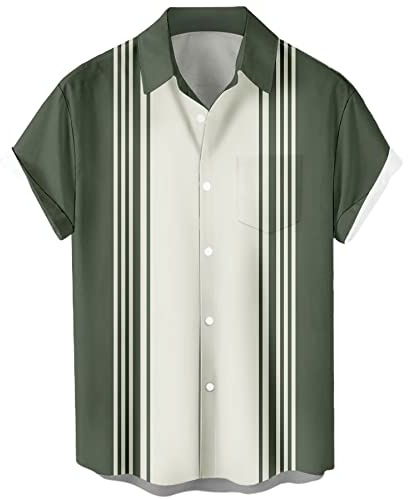 Camisa Vintage de póquer para Hombre, Estilo años 50, Estilo Retro, Manga Corta, con Botones, Hawaiana, Sage Cream Stripe, X-Large