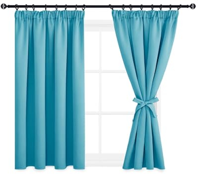 DWCN Vorhänge KücheBlickdicht Kräuselband mit Vorhang-Krawatten, Vorhänge Dunkel Thermogardine Verdunkelung, Wärmeisolierend Thermovorhang für Schlafzimmer, 137x117cm(HöhexBreite), Türkis, 2er Set