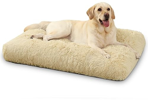 KSIIA Panier Chien Grande Taille, 90x60cm, Coussin Chien Lavable en Machine, Tissu Peluche Doux, Base antidérapante, Tapis Matelas Lit Anti-Stress, Beige