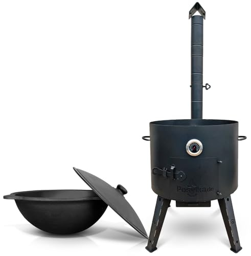 Utschak Feuerofen Ø 52,7 cm mit Thermometer Gusseisen Topf runder Boden mit Deckel (22 L) Ø 49 cm KazanoFF, Учаг, Kazan Outdoor, Feuerschale, Camping, Kazan, Gulaschkanone Dutch Oven (Set 1)