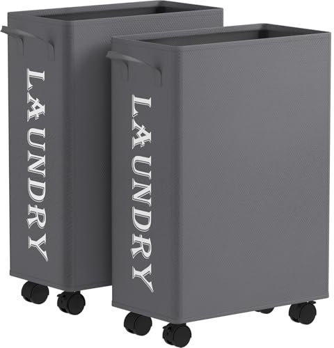 Lifewit Lot de 2 Panier à Linge Pliable de 50L avec 4 Roues, Slim Corbeilles à Linge Pliable avec Poignée, Bac a Linge Sale avec Sac à Linge Amovible, pour Chambre, Salle de Bain, Buanderie, Gris