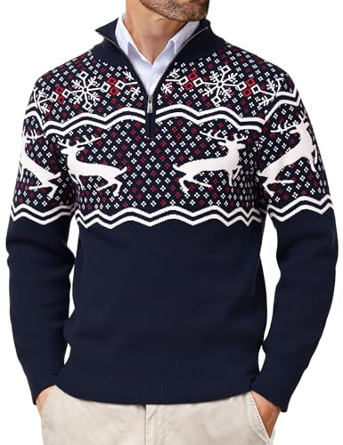 Wayleb Jersey de Navidad para Hombre Invierno Cuello Alto con Media Cremallera Suéter de Navideñas Punto de Manga Larga S-3XL