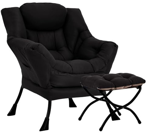 HomEastlly Lazy Chair with Ottoman, Soft Comfy Chair for Bedroom, Black