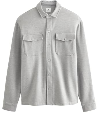 NEXT Uomini Giacca Stile Camicia in Twill di Jersey con Bottoni a Pressione Grigio M