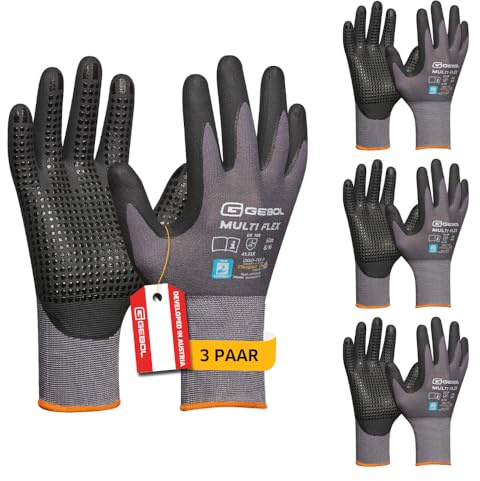 Gebol Multi Flex, 3 Paar Arbeitshandschuhe Herren, Montagehandschuhe mit Nitril-Beschichtung & Noppen, atmungsaktiv für Präzisions- & Reparaturarbeiten, Gr.M (Gr. 8), Grau
