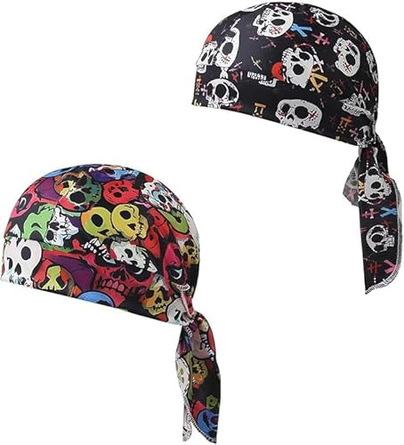 Outdoor Sport Headwear Sweat Wicking Beanies Cycling Hat Breathable Mesh Headband Bandana Quick Dry Adjustable Sport Skullies Cap Pirate Hat for Cycling Running (2Pcs /Skull)
