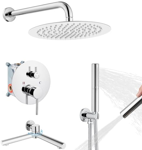 Duschsystem, badkarskran-set, krompolering, med badpip, 30,5 cm, rund, regndusch, 3 funktioner, med rörventil, svängbart badutlopp, 2 funktioner, handdusch