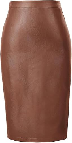 Belle Poque Faldas de cuero vintage de cintura alta de longitud rodilla faldas ajustadas para oficina trabajo formal falda lápiz, marrón, L