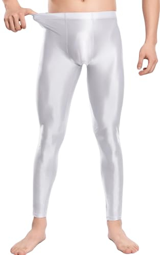 FEOYA Leggings da uomo Glossy, collant oleosi, lucidi, per sport, taglie forti, taglia M, L, XL, XXL, bianco, L