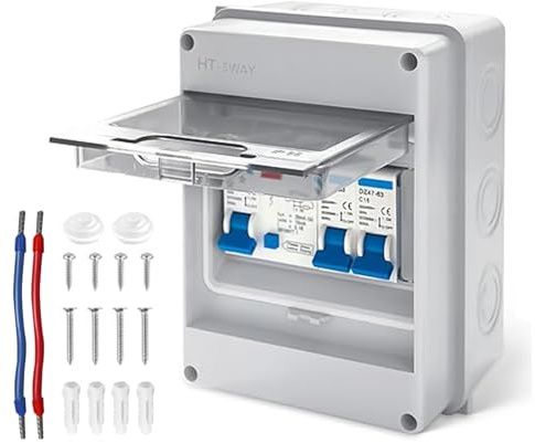 2 Way Consumer Unit Circuit Breaker - IP65 Waterproof Consumer unit Circuit Breaker Panel, Consumer Unit Anti-Leakage Fuse Box for GarageCaravan, Distribution Protection Box, 40A 30mA RCD 6A+16A
