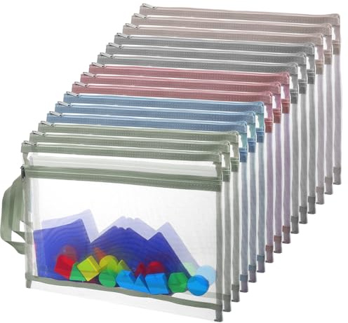 15 Pcs Double Layer Mesh Storage Bags, 13.2x9.7 Inch Zipper Pouch Organizer for Stationery Puzzles Storage Supplies, 5 Colors
