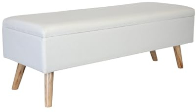 Panca Relaxdays in Lino, Contenitore, HxLxP: 40 x 110 x 40 cm, Gambe in Legno, Panca Imbottita, Bianco