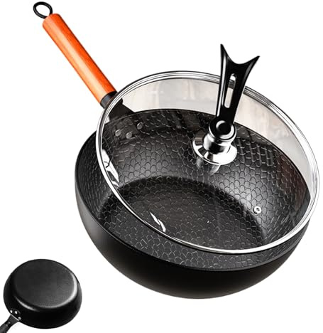 Induktionsstekpanna – 28 cm handgjort hamrjärn | non-stick belagd djup omrörningsstekpanna med lock – universell gasspis kompatibel | jämn värmefördelning