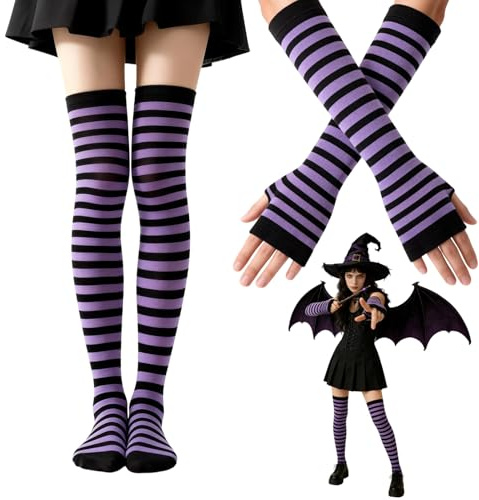 Ruvan Chaussettes Hautes Montantes Femme, Mitaines Rayées Sans Doigts, Chaussettes Au Genou Mignon Kit À Rayures, Chaussette Haute Pour Femme Fille