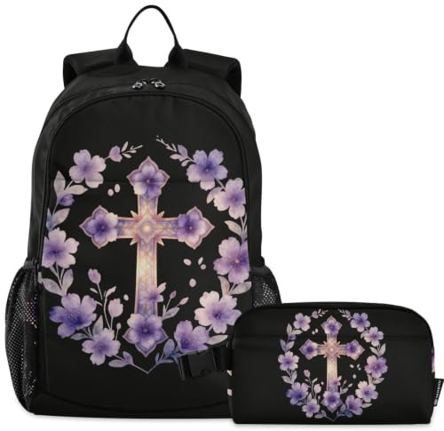 GuoChe skolryggsäck med lunchväska barn bokväska laptop dagväska | Religiöst kors för välsignad mamma söt boho lila blomma