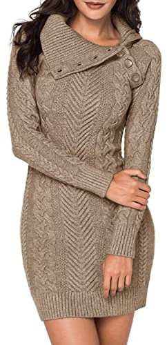 BLENCOT Womens Cute Asymmetric Neck Long Sleeve Solid Slim Fit Bodycon Knit Sweater Dress Jumper Apricot Medium