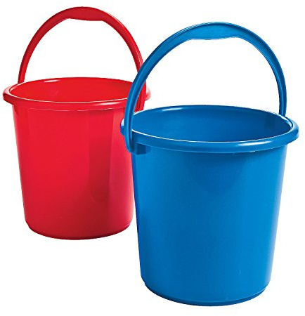 Fun Express Sand Toys for Toddlers 1-3 - Patriotic Red and Blue Plastic Buckets with Handles Set of 12 - Beach Toys for Kids Sand Castle Molds Beach Party Favors for Fourth of July Memorial Day