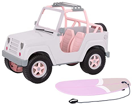 Our Generation OG Off Roader – 4x4 Vehicle Playset for 18-inch Dolls, Beach Themed Vehicle Featuring Surfboard, Salmon Pink Car, Working Lights, Wipers, Speakers, Realistic Play