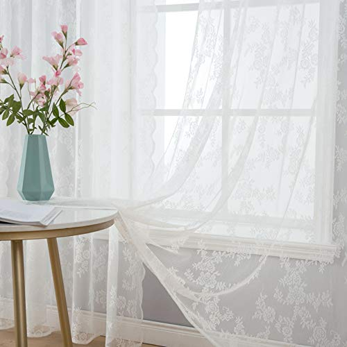 MIULEE Gardinen Spitze-Wunderschöne Weiß Blumen Bestickte Spitzengardinen, 2er Set Transparent Vorhang Spitze Vintage, Voile Spitzenvorhänge mit Ösen für Wohnzimmer Schlafzimmer Dekor, 2XH215 x B150cm