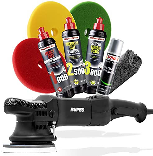 detailmate Polier Set: RUPES Exzenter Poliermaschine LHR15II Bigfoot + Menzerna Polituren + Garage Freaks Polierpads + SONAX Ceramic Quick Detailer + Poliertuch 550GSM - Für eine Profi Autopolitur