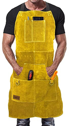 DIMWELD Mandil de Soldador Premium de Cuero Protector para Hombre. Delantal de Herrero Termico Ignifugo para Soldadura en Taller con 6 Bolsillos para Herramientas (Amarillo)